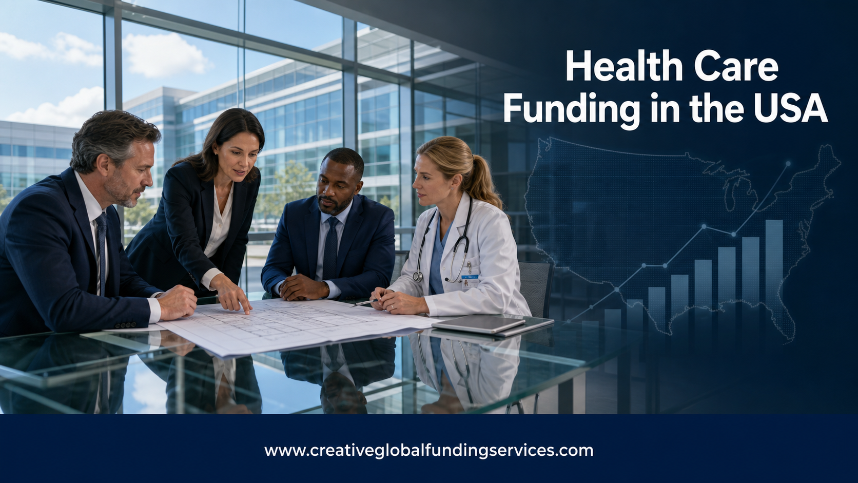 Healthcare executives discussing health care funding for a medical facility in the USA.