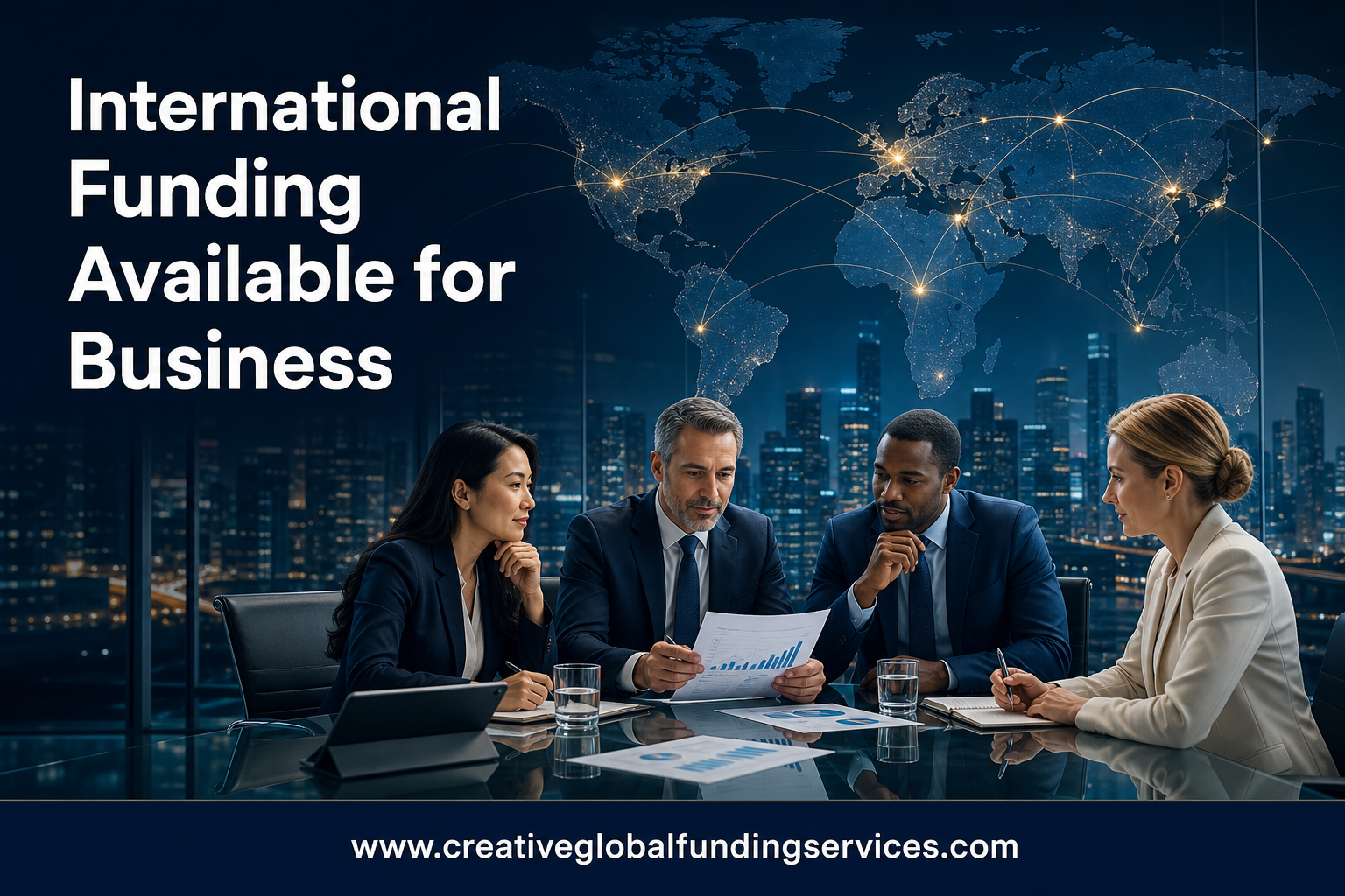 International business leaders reviewing financial documents beneath a connected world map, promoting international funding available for businesses through Creative Global Funding Services.