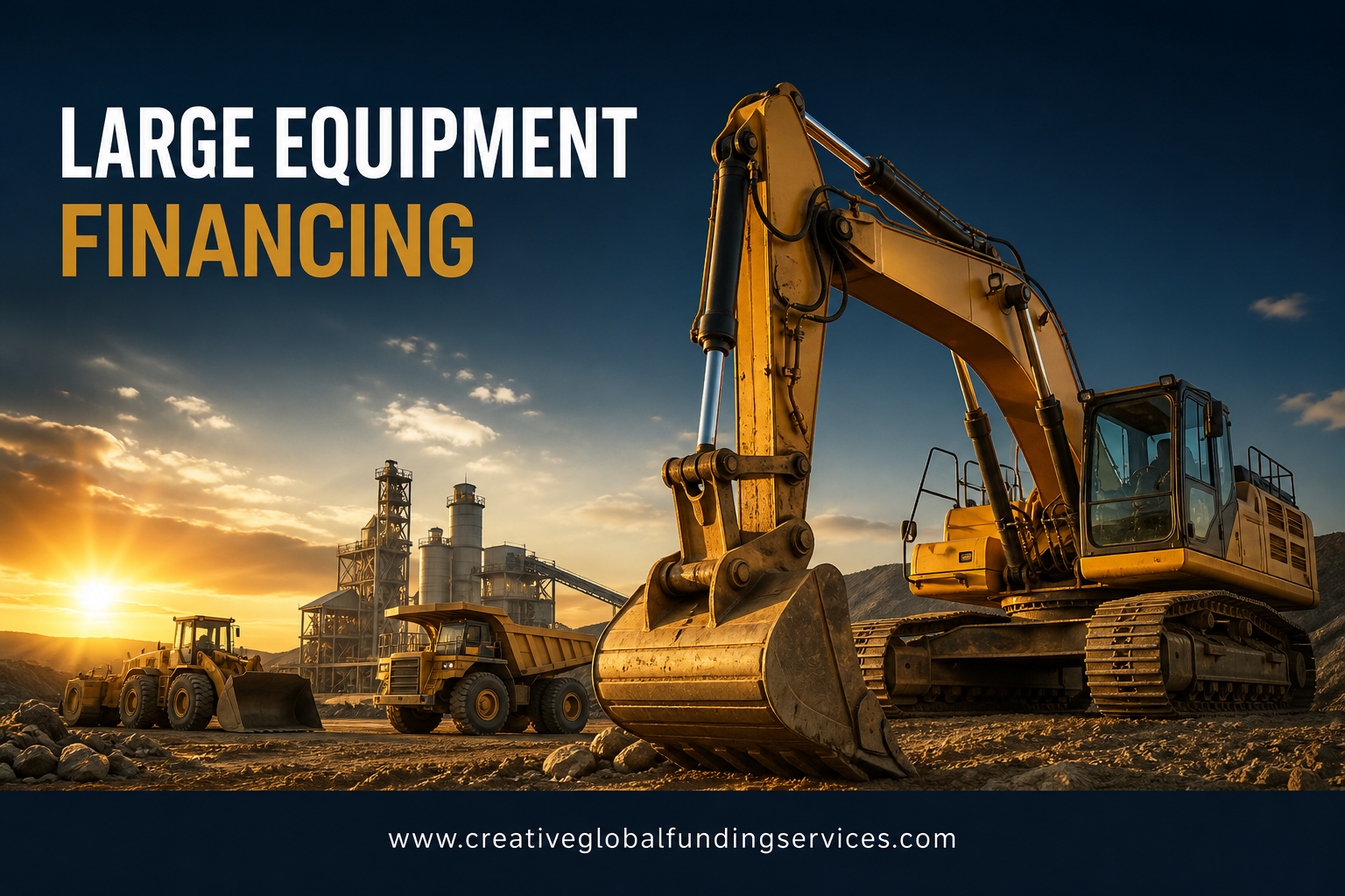 Large construction equipment at an industrial site with the text “Large Equipment Financing” and Creative Global Funding Services’ website address.