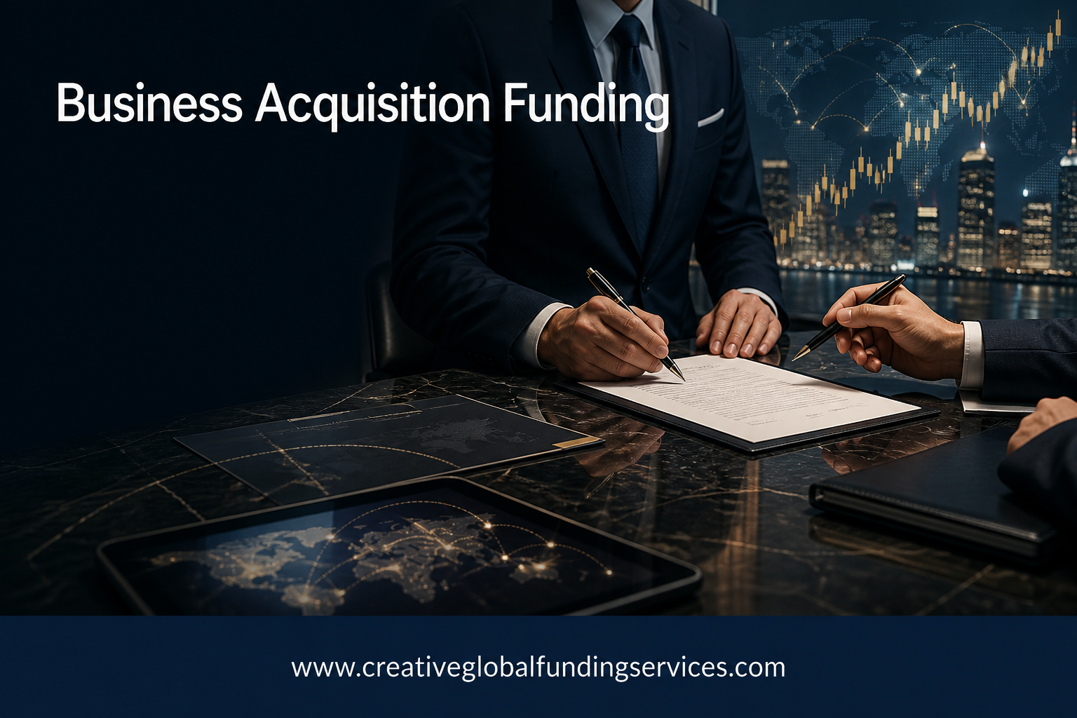 Business acquisition funding professionals finalizing a deal with global financial charts and city skyline.