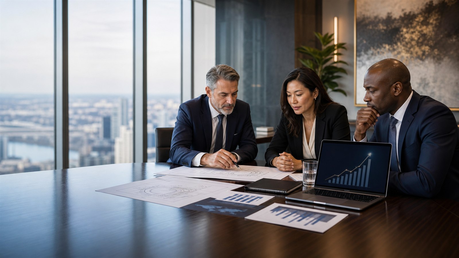 Executive team reviewing a seven-figure business and project funding strategy