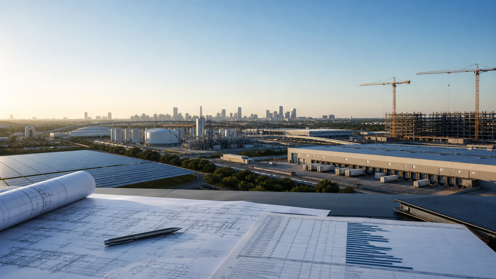 Plans and a financial model overlooking a U.S. energy, industrial, logistics, and construction development site