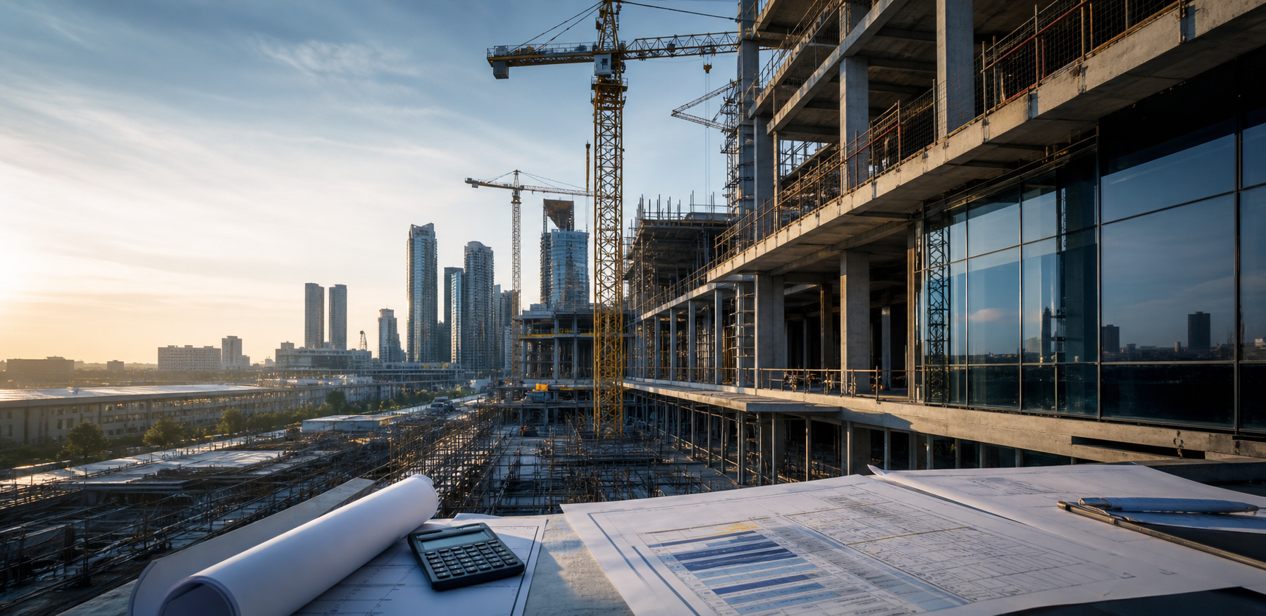 Commercial construction site with tower cranes, architectural plans and a project cost schedule