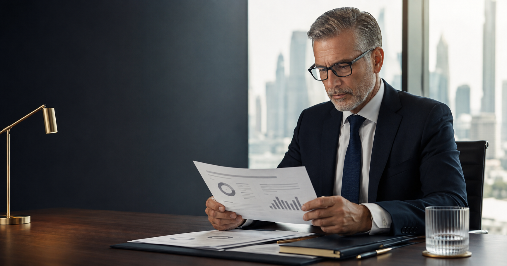 Business executive reviewing an executive summary for a commercial funding request