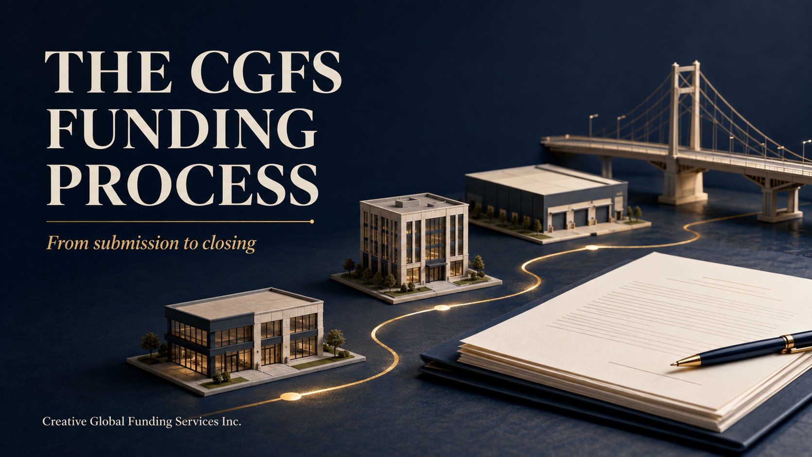 CGFS funding process illustration showing commercial buildings, a bridge and financing documents connected by a gold path.