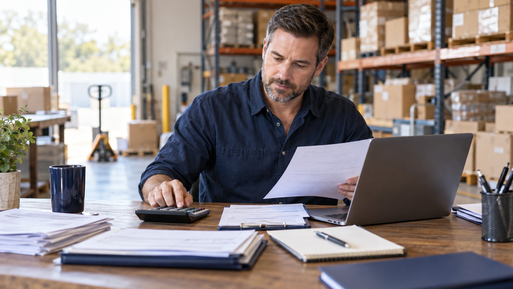 Business owner reviewing invoices and a cash flow plan with a calculator beside warehouse inventory