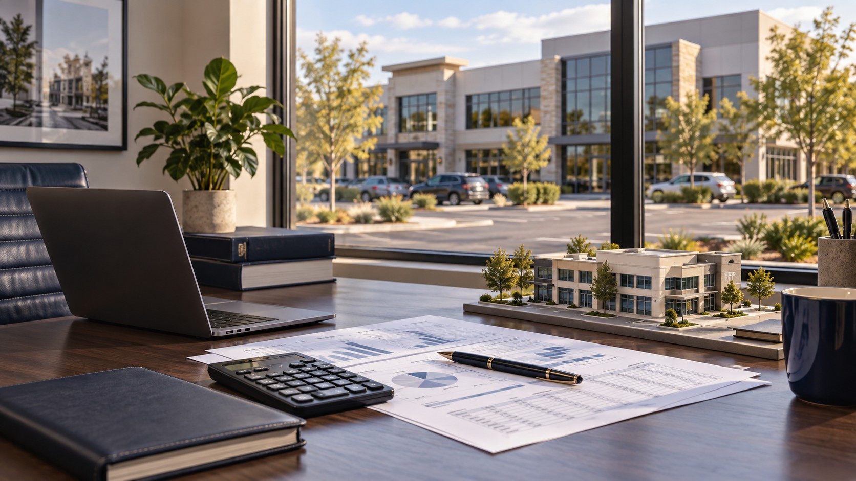 Calculator, property financial reports and an architectural model overlooking a commercial office building