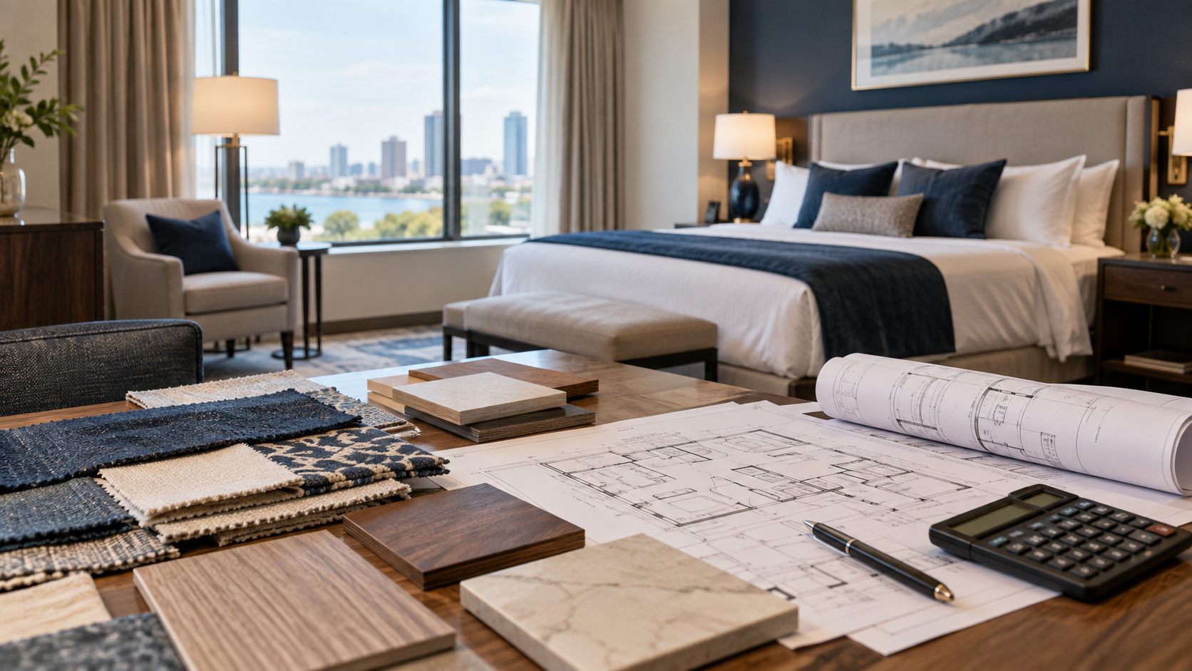 Hotel guestroom with renovation plans, fabric and wood samples, and a calculator on a worktable