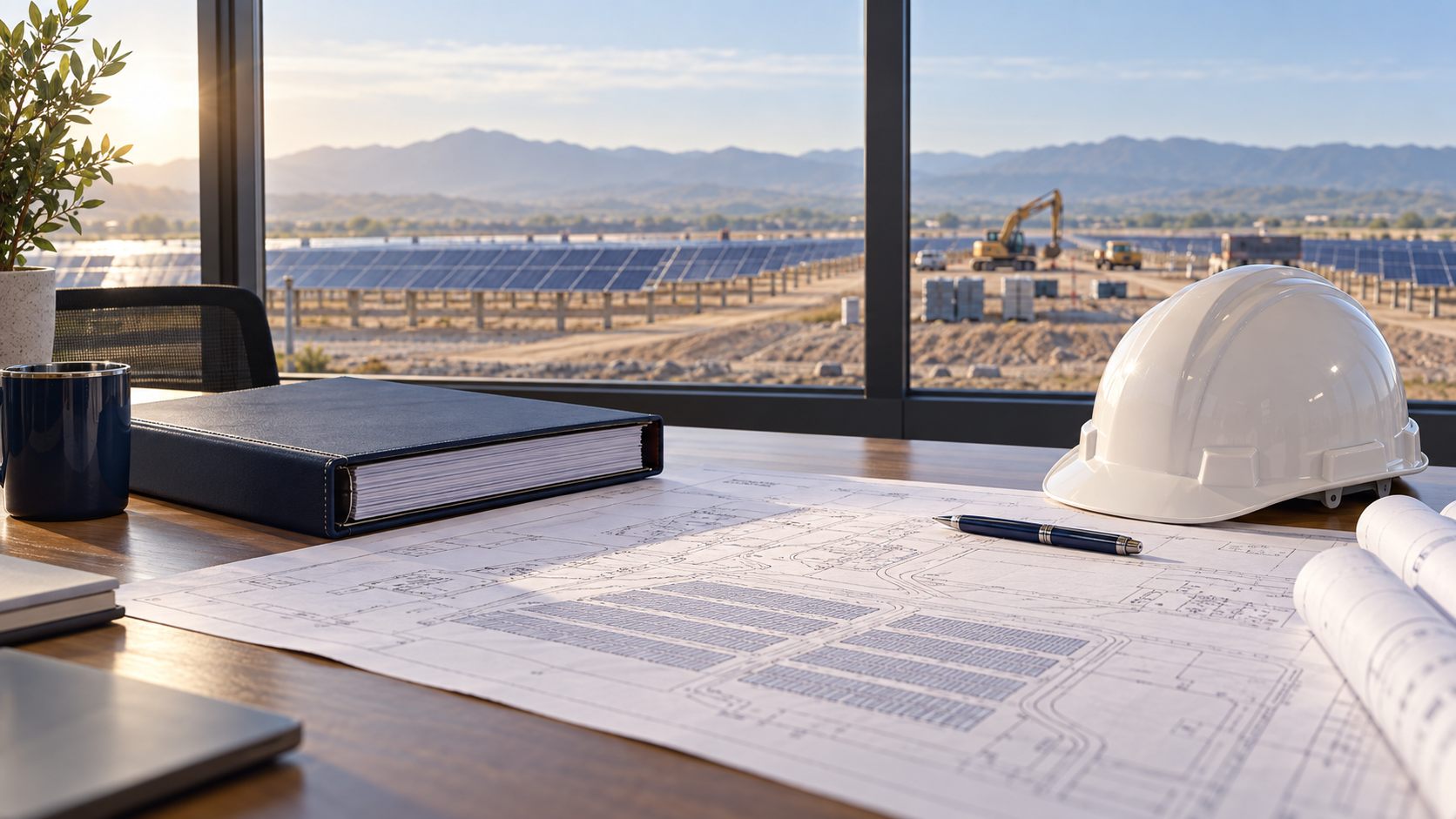 Engineering plans, a document binder and a white hard hat overlooking a solar energy construction site