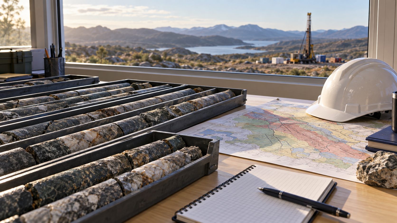 Geological core samples, a map and a safety helmet in a field office overlooking an exploration drill rig