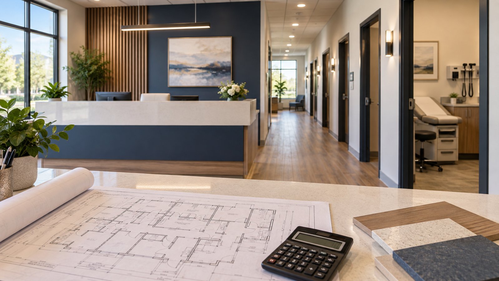 Clinic reception and examination-room corridor with architectural plans, a calculator and material samples on a desk.