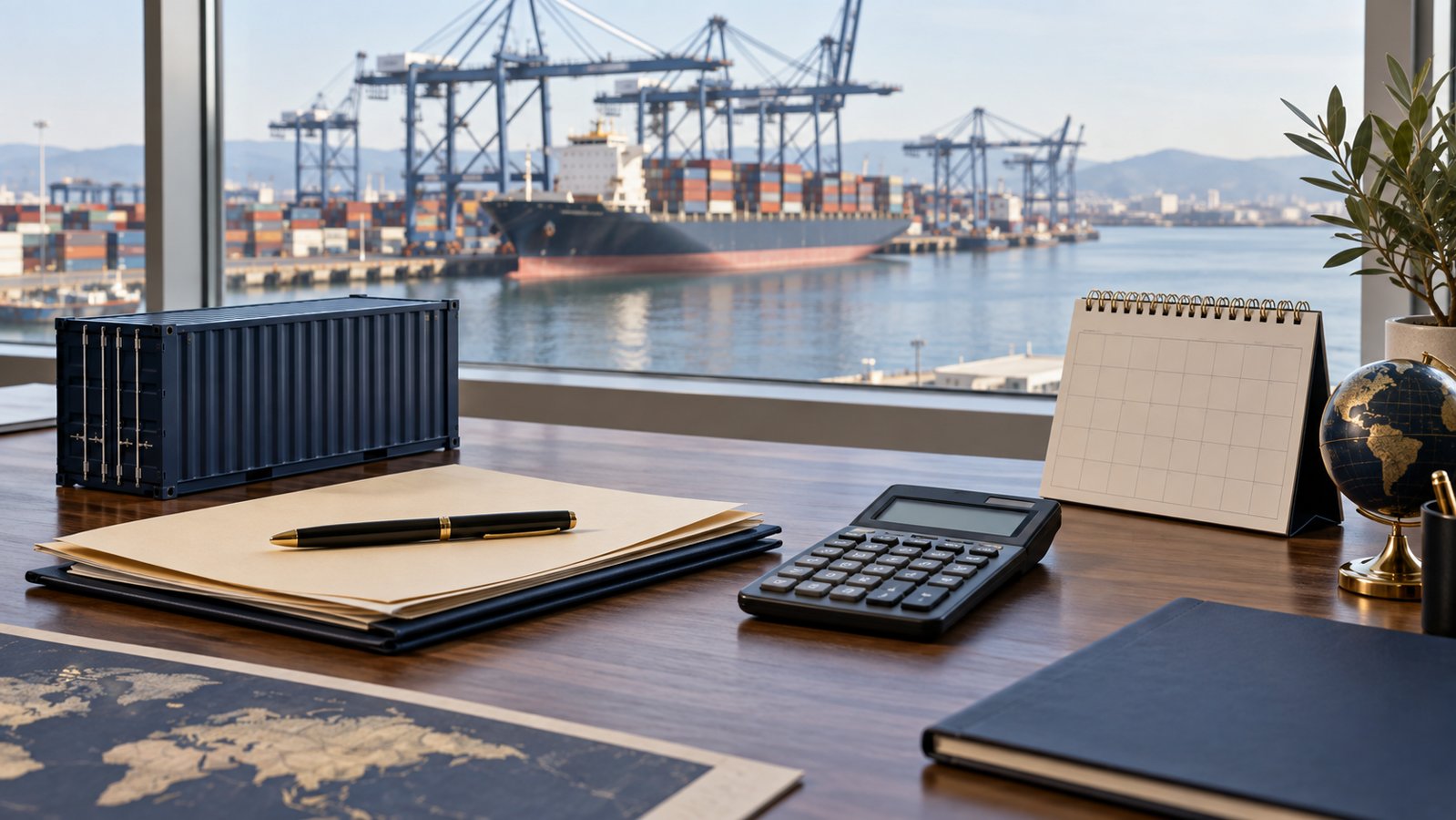 Model shipping container, calculator, document folders and calendar on a desk overlooking a cargo ship and port cranes.