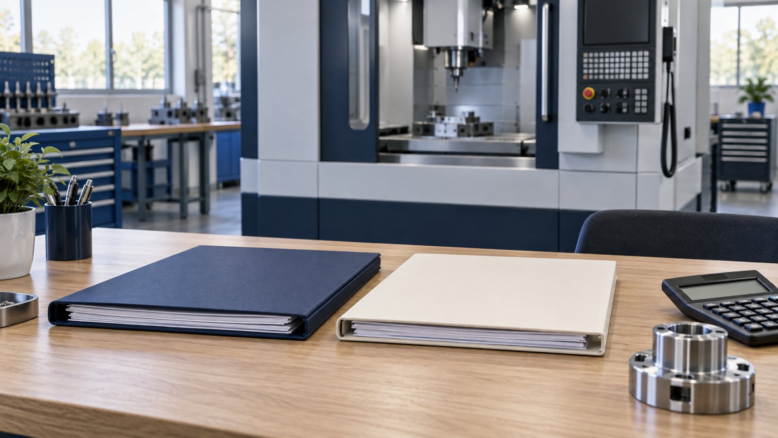 Two document folders, calculator and machined metal component on a desk in front of industrial equipment.