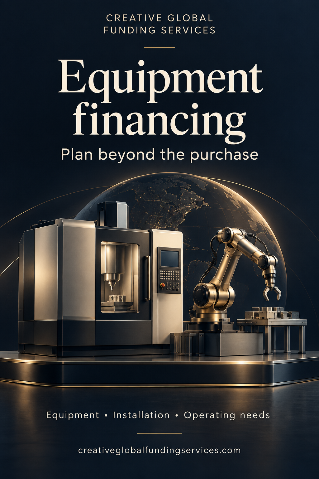 CGFS equipment financing graphic with a machine tool and robotic arm, reading Plan beyond the purchase: Equipment, Installation, Operating needs.