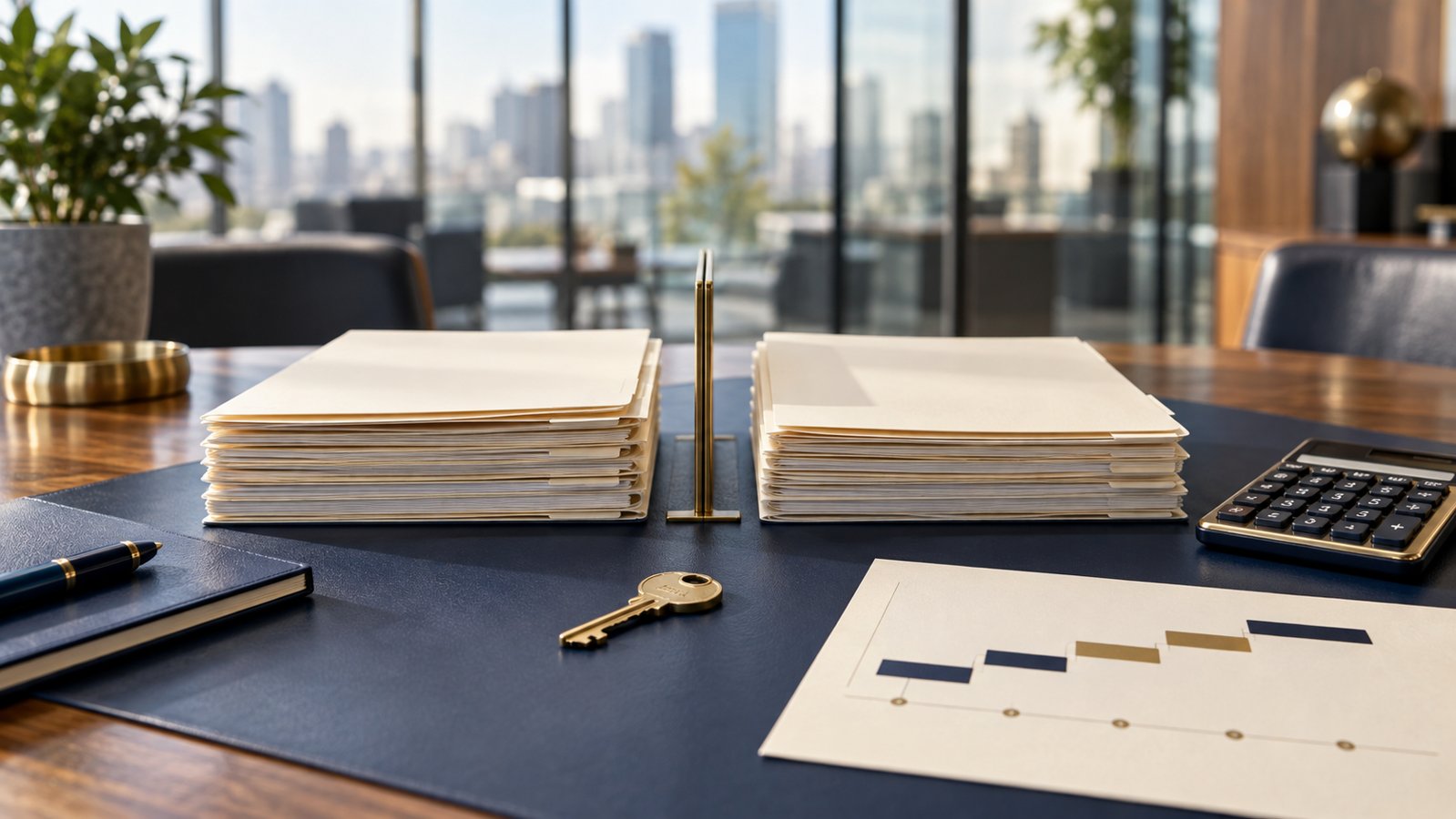Transaction folders, a brass key, calculator and abstract repayment timeline on an office table.