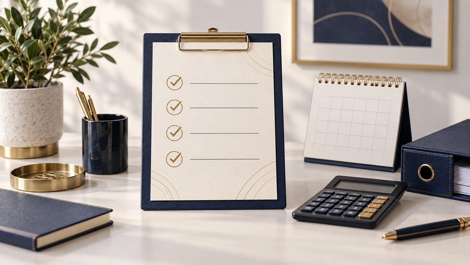 Checklist on a navy clipboard beside a desk calendar, calculator and document binder.