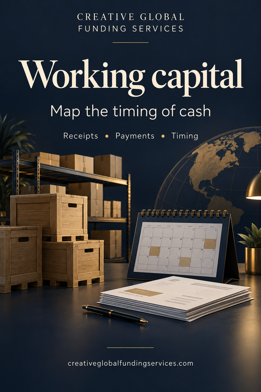 CGFS Working capital graphic reading Map the timing of cash, with a calendar, inventory crates and documents.