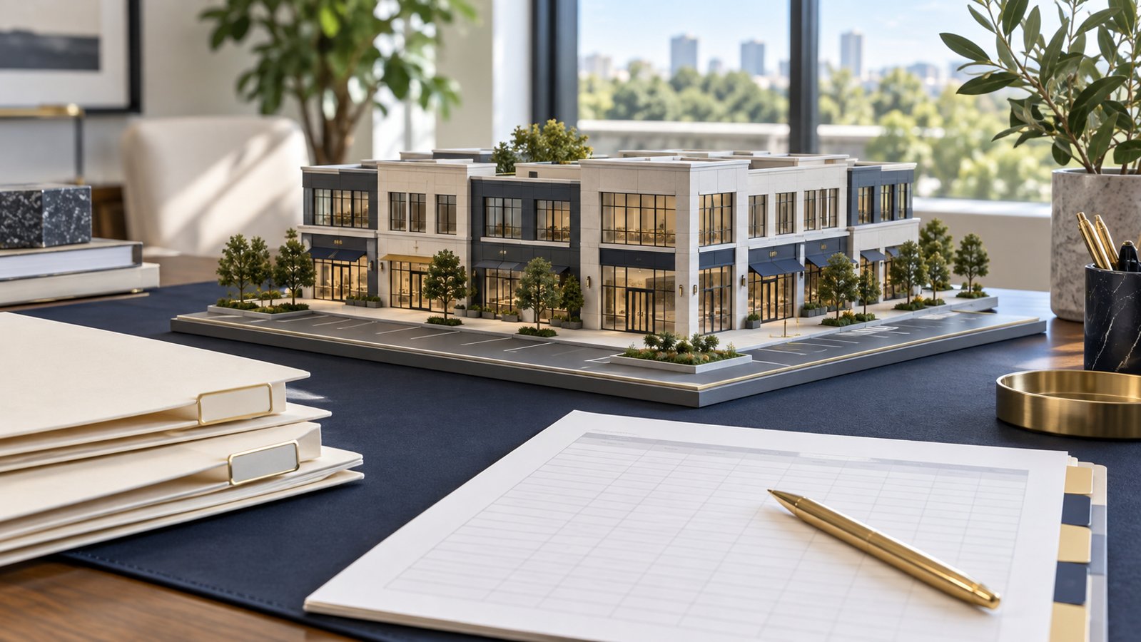 Scale model of a commercial building beside lease folders, a tabbed worksheet and a brass pen.