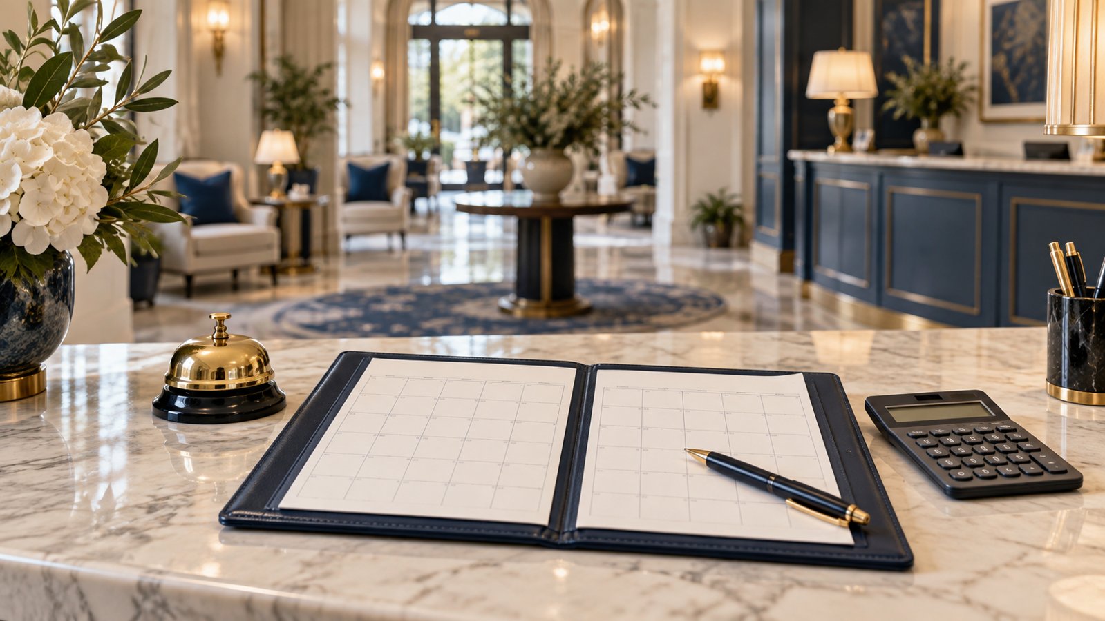 Hotel reception desk with a brass service bell, open planning folio, pen and calculator.