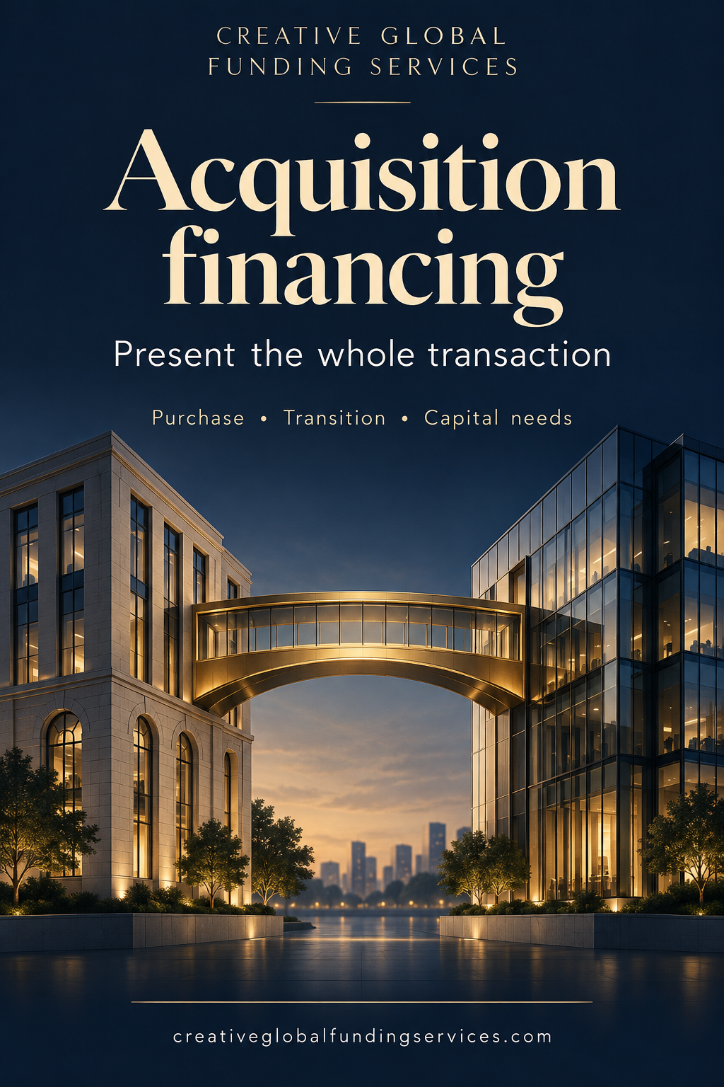 CGFS Acquisition financing graphic: Present the whole transaction; Purchase, Transition, Capital needs, with two buildings joined by a bridge.