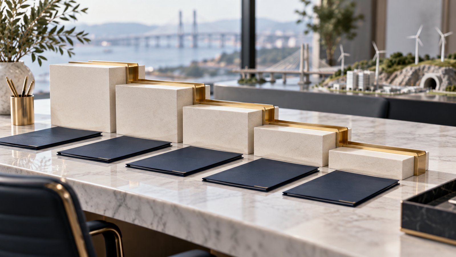 Five descending ivory platforms connected by a gold channel, with navy folders and an infrastructure model behind them.