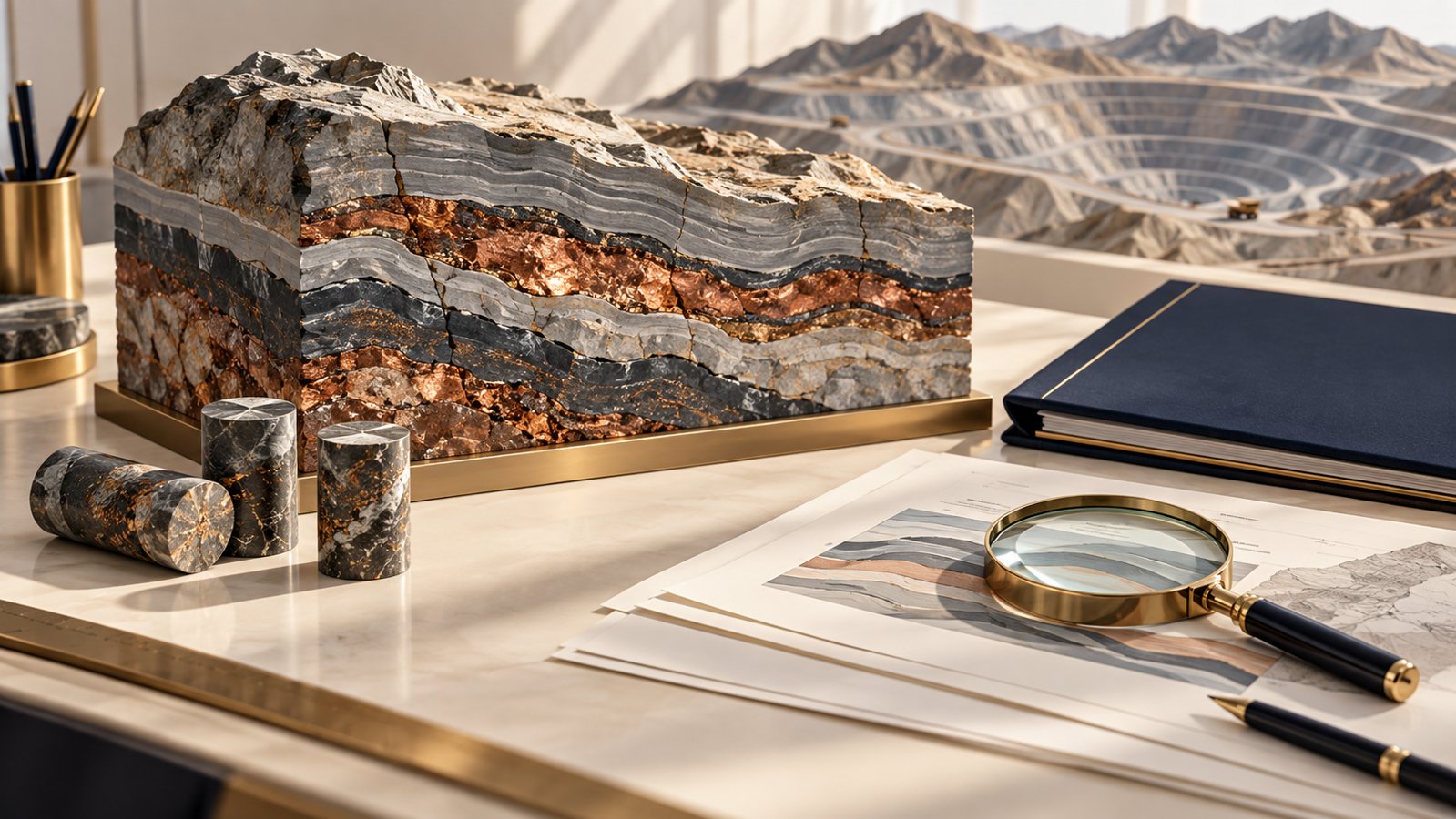 Conceptual geological cross-section with copper-colored rock, core samples and a navy technical report folder.