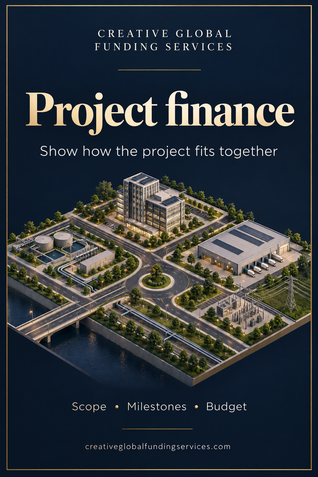 CGFS Project finance graphic: Show how the project fits together; Scope, Milestones, Budget, with a conceptual infrastructure development.