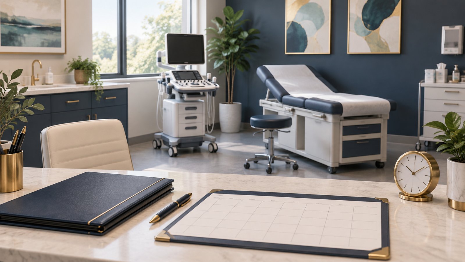 Fictional clinic with an ultrasound cart and examination couch, with a planning calendar, navy folder and brass clock in the foreground.