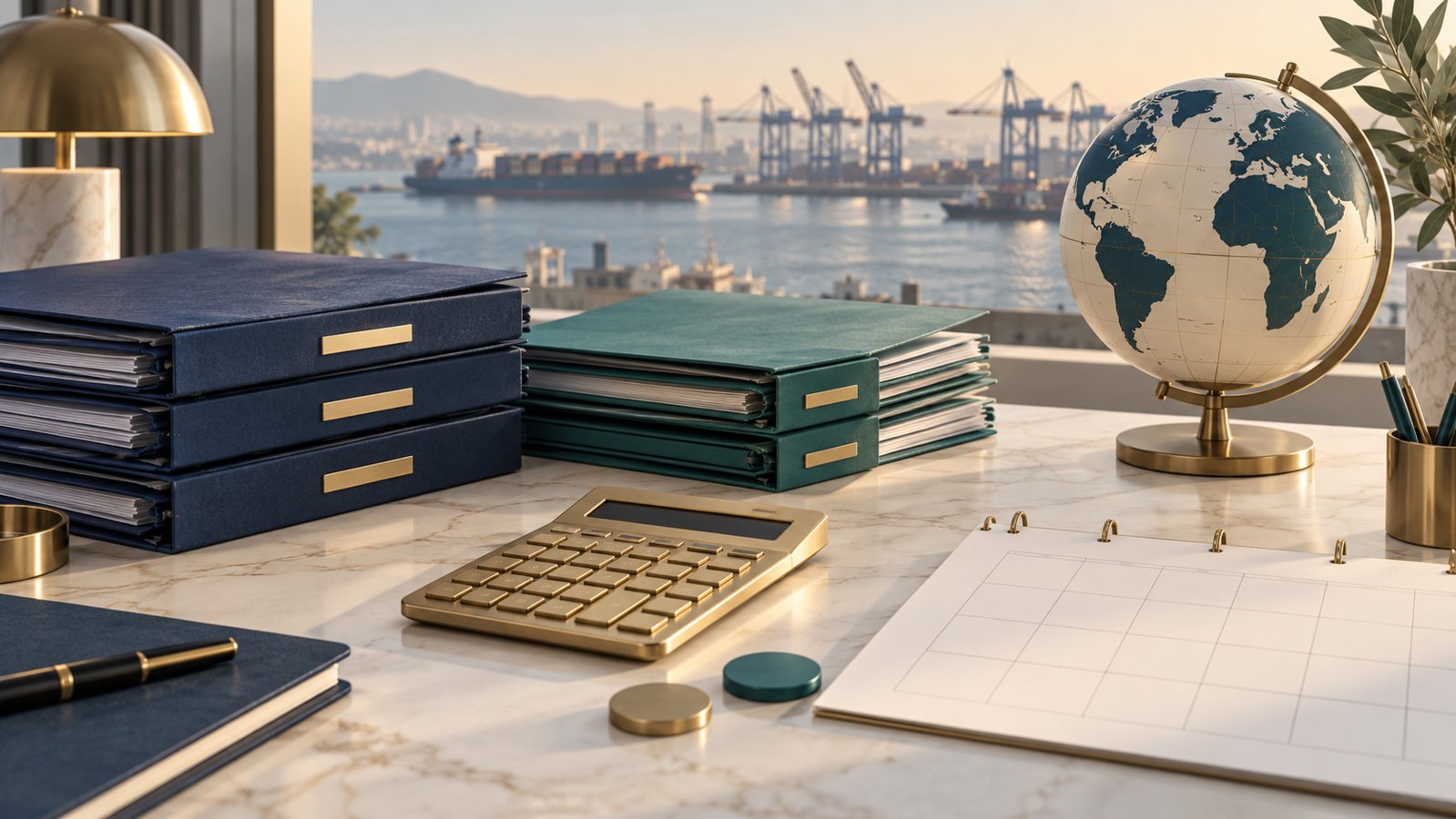 Navy and teal document folders, calculator, calendar and globe on a desk overlooking a conceptual cargo port.