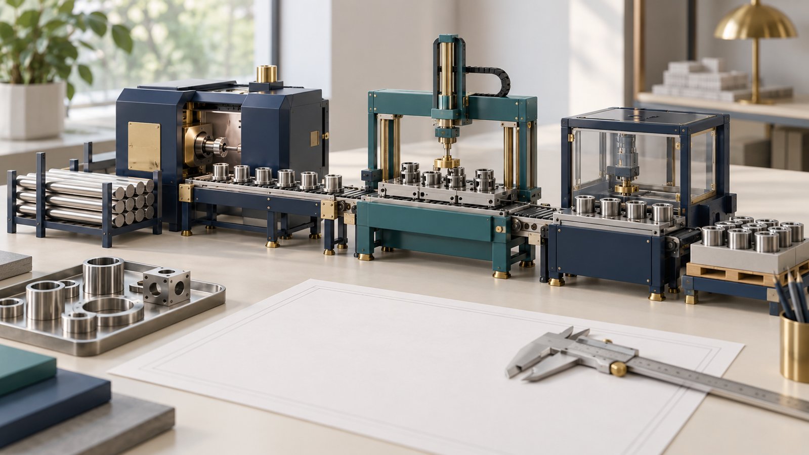 Conceptual miniature production line with three connected workstations, metal components and a planning sheet.