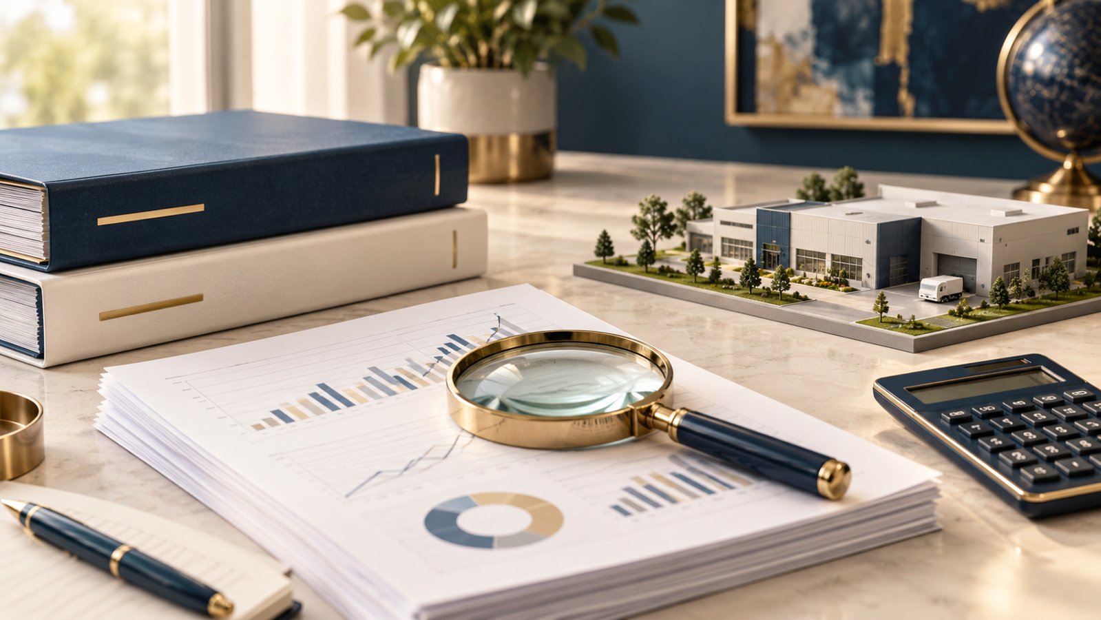Financial document folders, magnifying glass and calculator beside a miniature industrial business on a desk.