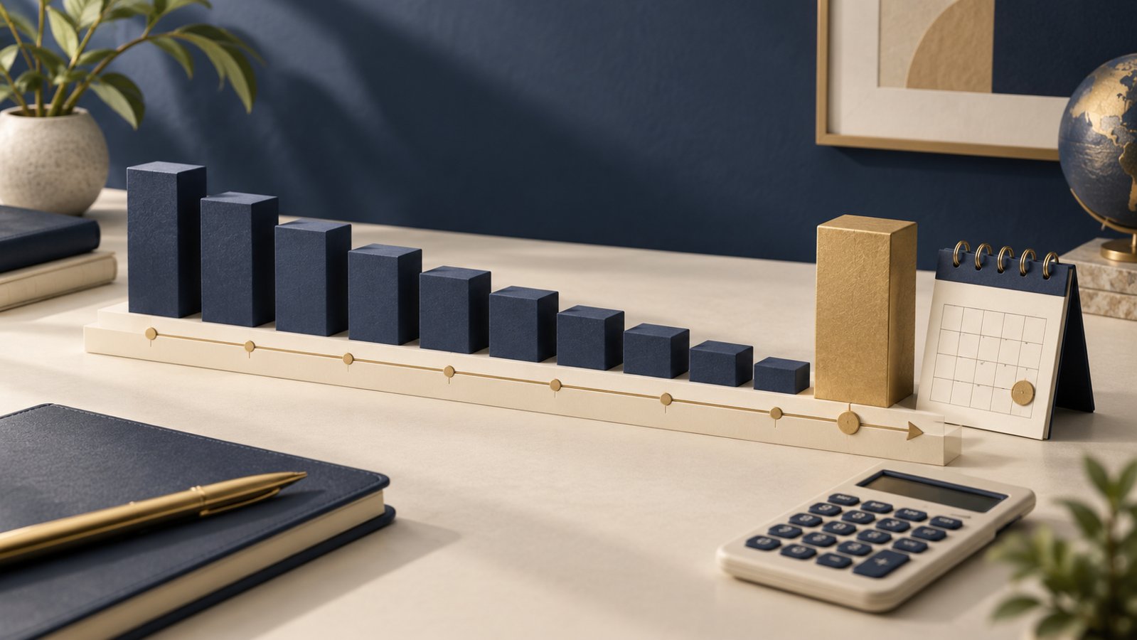 Descending navy blocks on a repayment timeline beside a larger gold block, a calendar and a calculator.