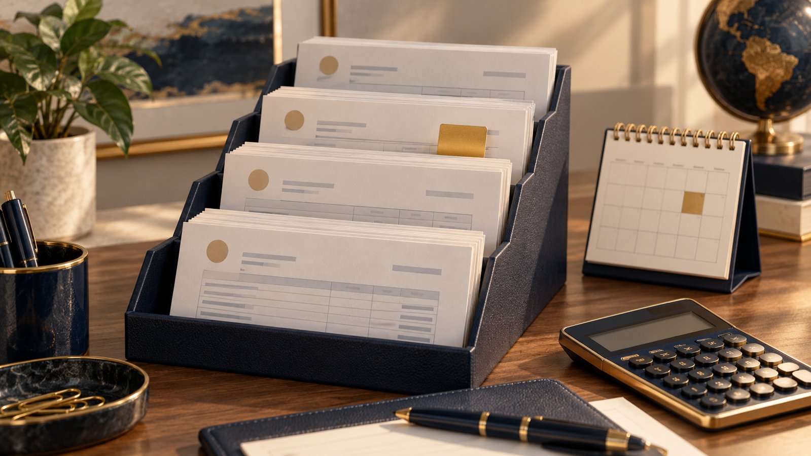 Invoice sheets arranged in a navy desktop organizer beside a calendar and calculator, with a gold tab marking one group.