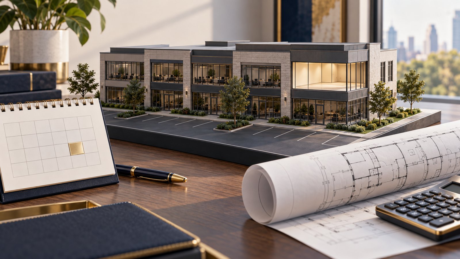 Miniature commercial office building with an empty illuminated suite beside a calendar, rolled floor plan and calculator.