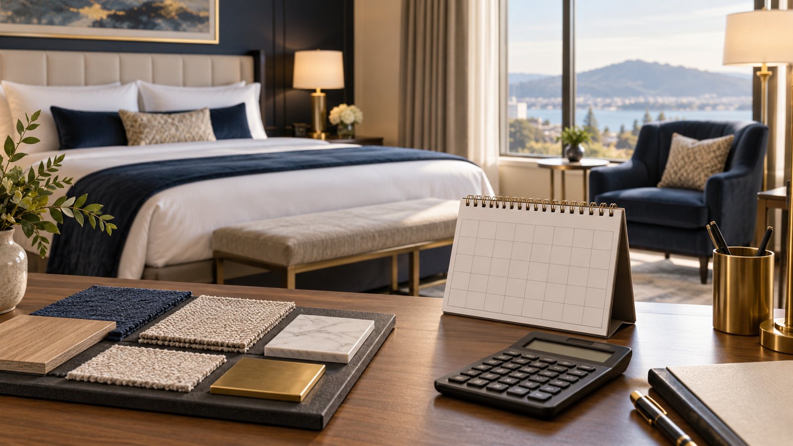 Hotel guest room with a bed and navy chair behind material samples, a blank calendar and calculator on a planning desk.
