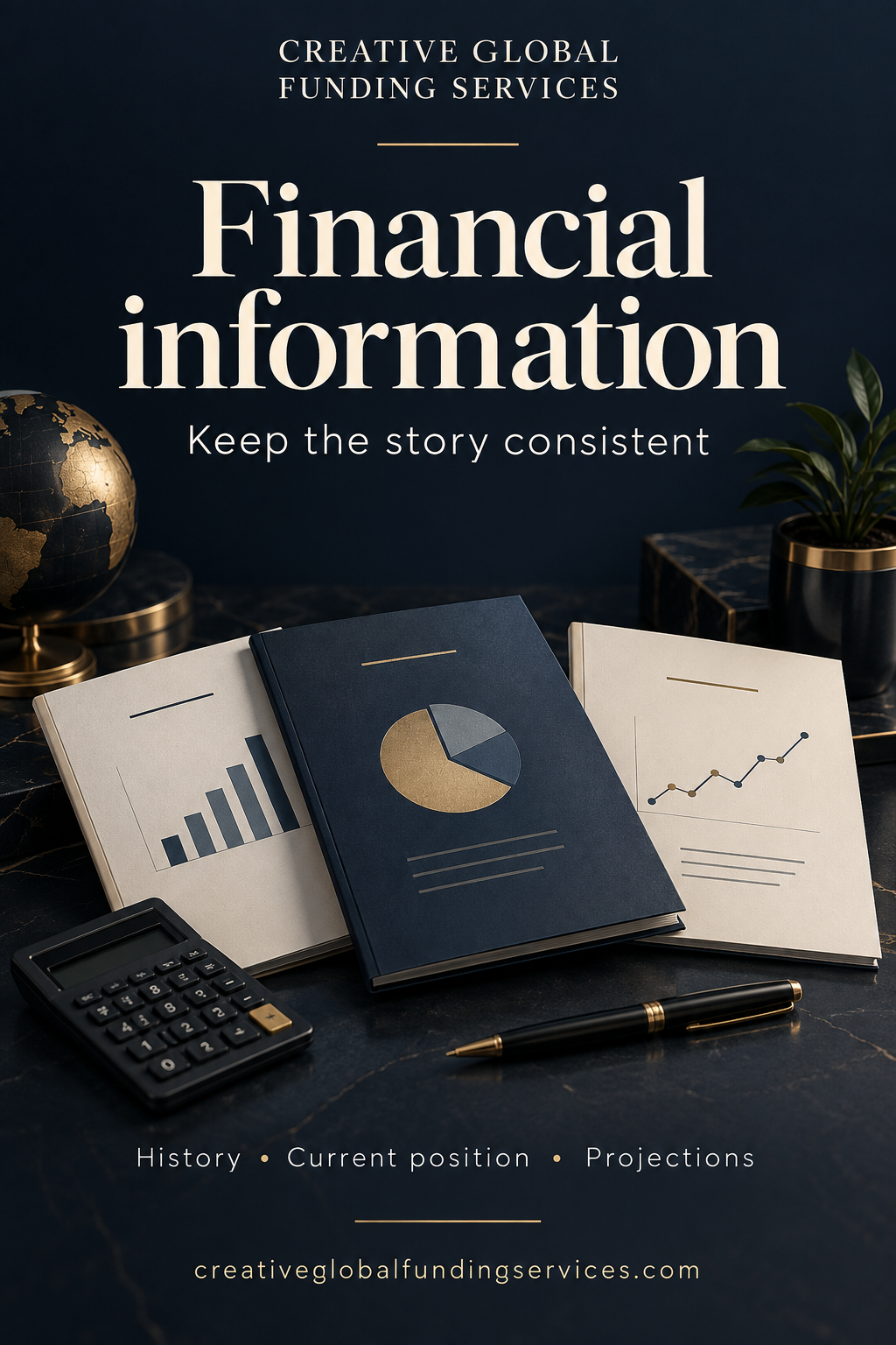 CGFS Financial information graphic with Keep the story consistent and History, Current position, Projections above reports, a calculator and pen.