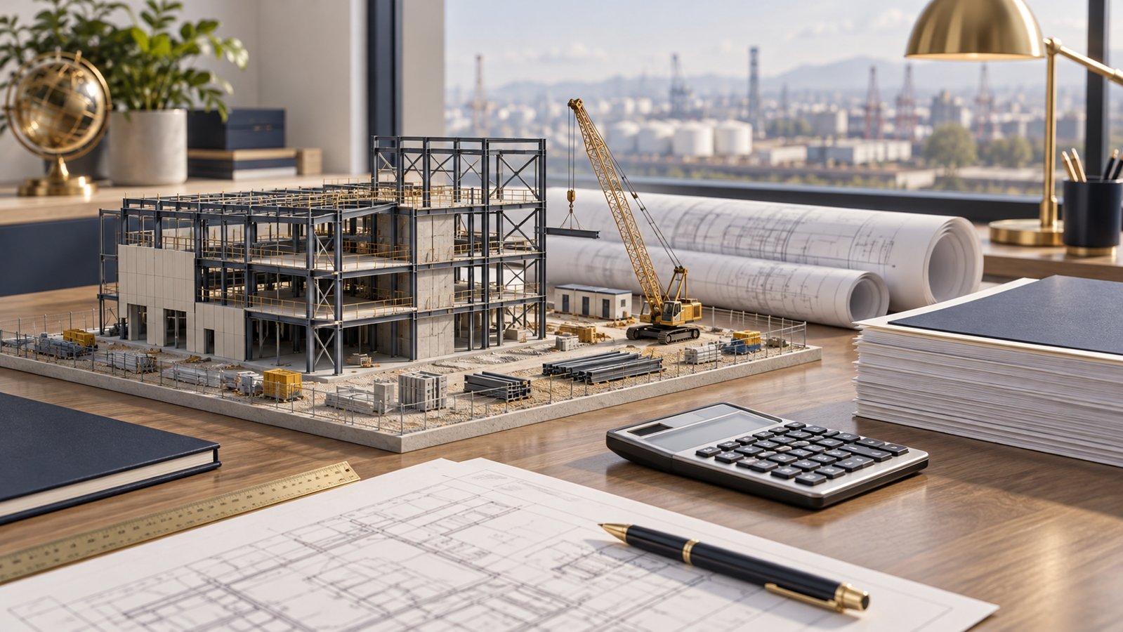 Miniature industrial building under construction with a crane beside blueprints, a calculator and planning documents on a desk.