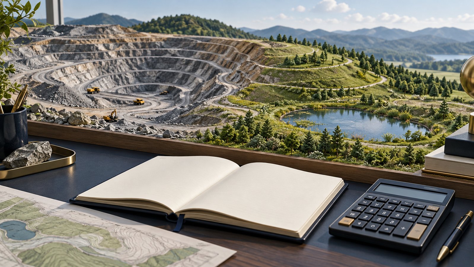 Conceptual mine reclamation model with terraced slopes, a pond, notebook and calculator on a planning desk