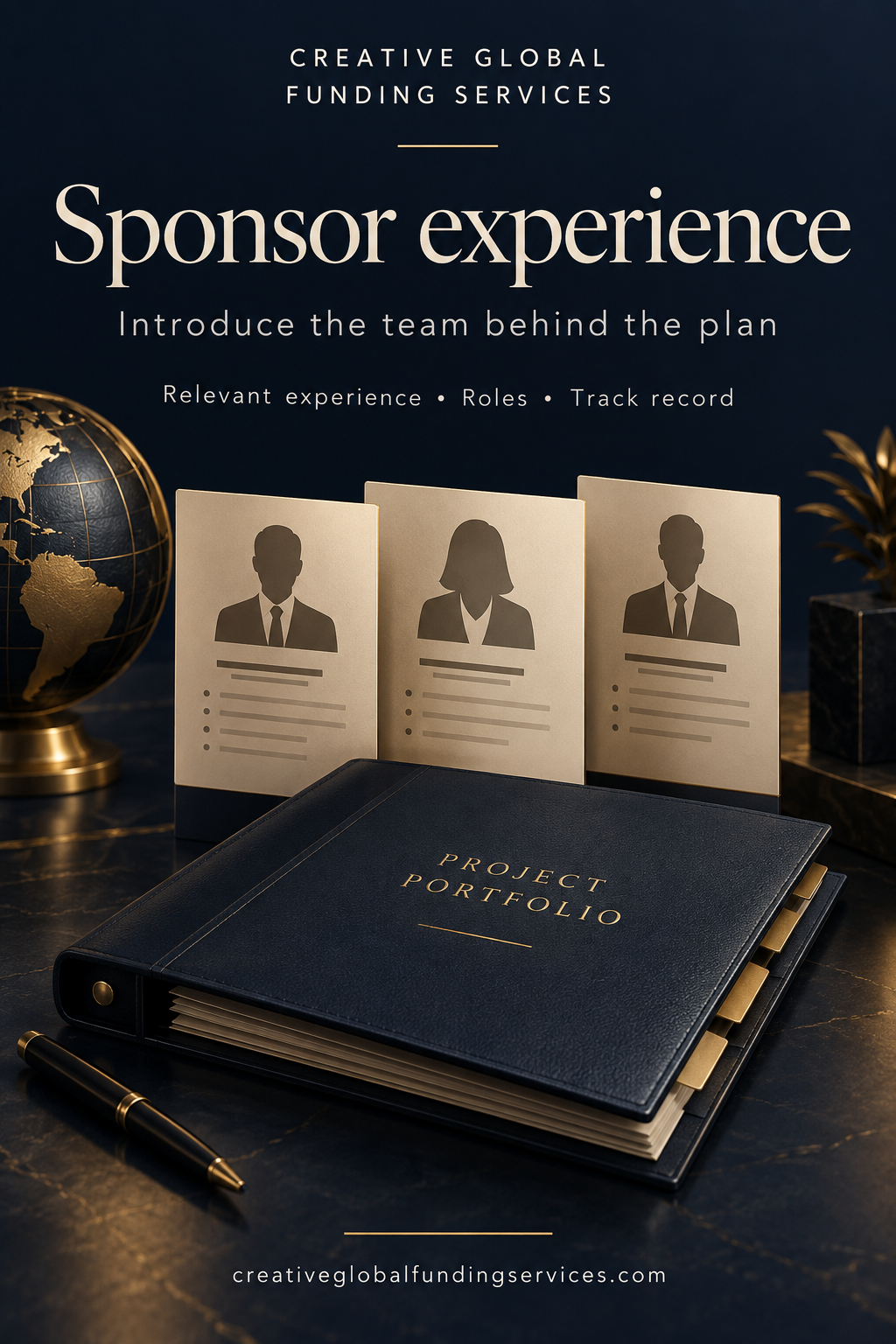 CGFS Sponsor experience graphic with three profile cards, a project portfolio binder and globe, captioned Introduce the team behind the plan.